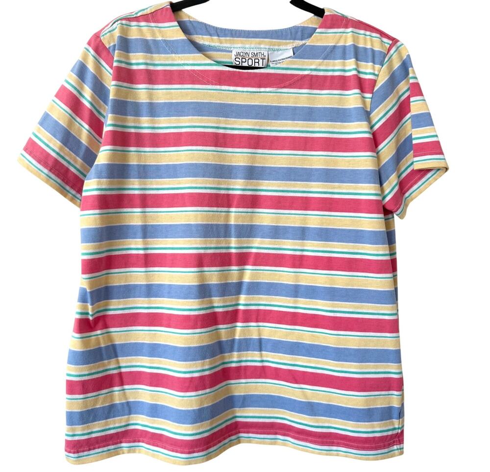 Jaclyn Smith Sport Colorful Stripe Padded Shoulder Short Sleeve Top Size XL 90s
